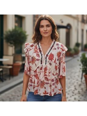 Marc New York Red and Pink Ruffled Peplum Designer Flattering Blouse Large
